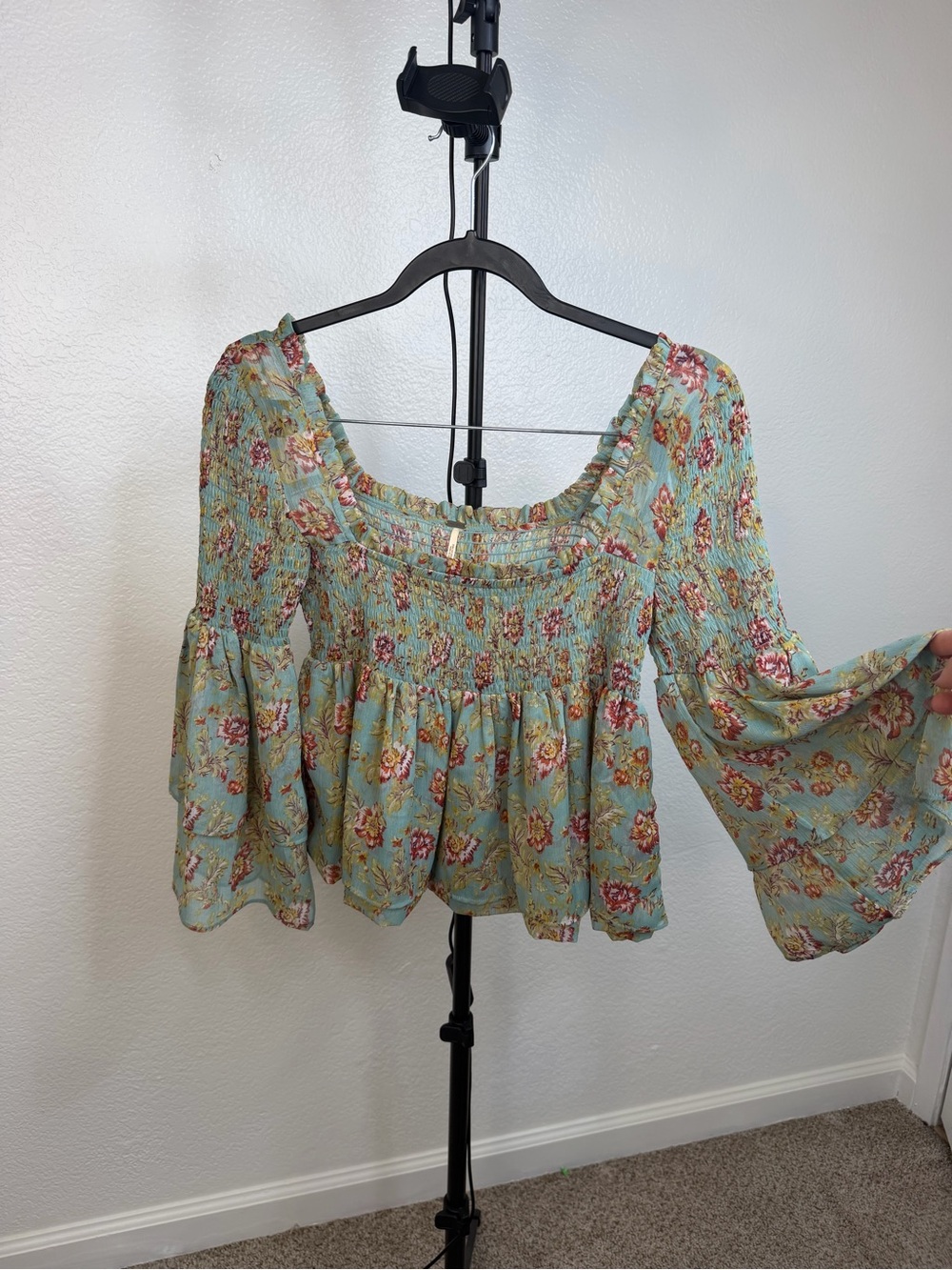 Free People Floral Smocked Peasant Top - Sage Green with Pink
